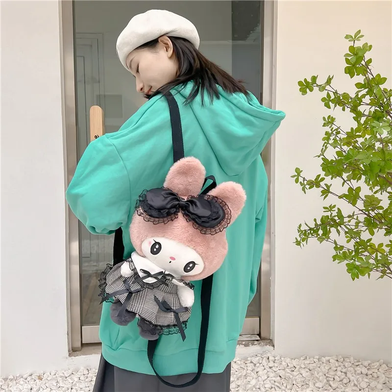 New Anime Personality Fashion Dark Gothic Style Sanrio Kullomi Plush Toy Bag Melody Doll Cute Backpack Bag Everything Casual