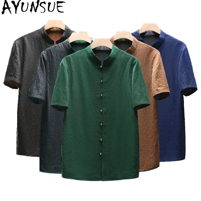 AYUNSUE 100%Real Mulberry Silk Shirts for Man Watered Gauze Shirt Men Clothing Luxury Reversible Summer Top Short Sleeve Shirt