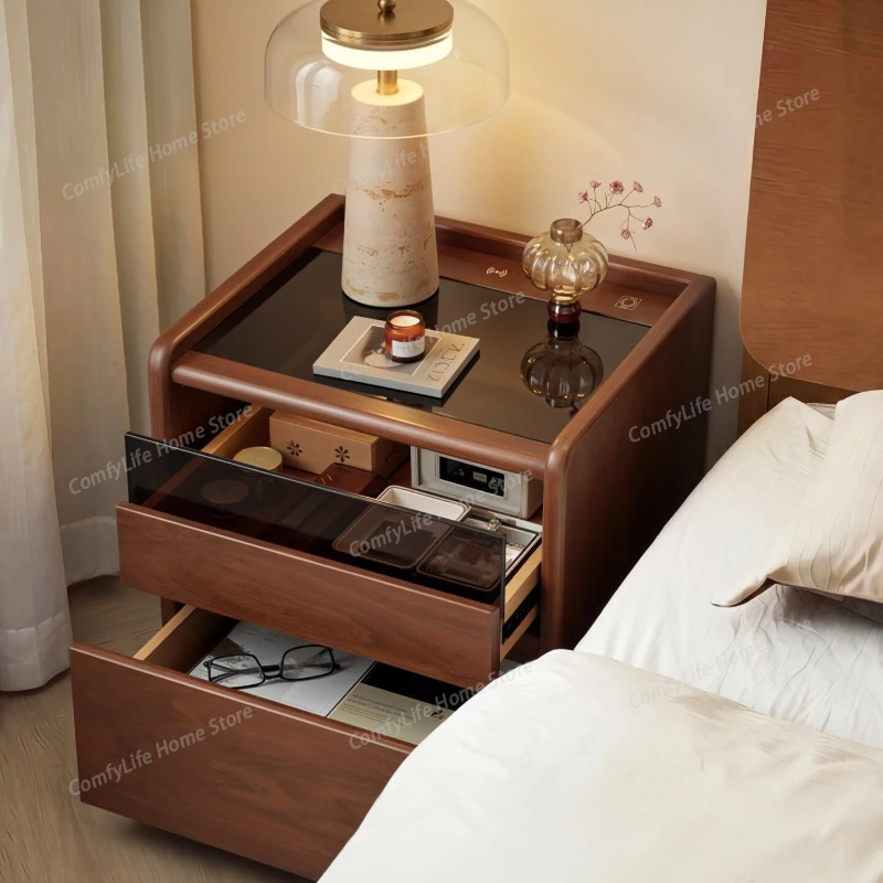medium antique high-end Bedside tables solid wood rechargeable side table multi-functional mesitas de noche Bedroom furniture
