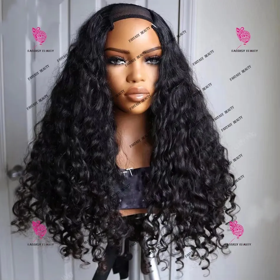 

Afro Bouncy Curly V Part Wig Jet Black Brown 100% Human Hair Indian Remy U Part Cheap Wigs No Leave Out 250Density Easy Install