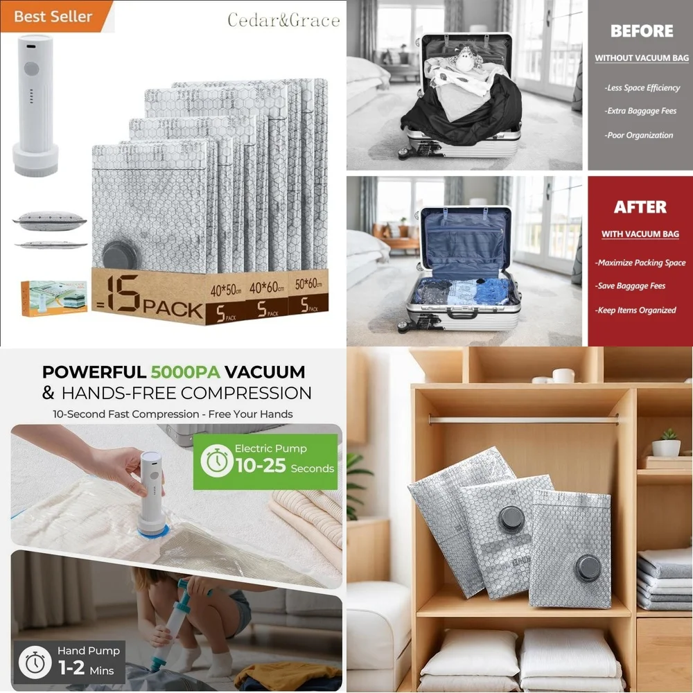 

vacuum storage bags15 Pcs Vacuum Storage Bags for Bedding Clothes Travel Space Saver with Electric Pump Compression Organizer