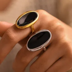 Oval Concave Surface Stainless Steel Rings For Women 18k Gold Plated Silver Color Black Enamel Women's Open Ring Woman Jewelry