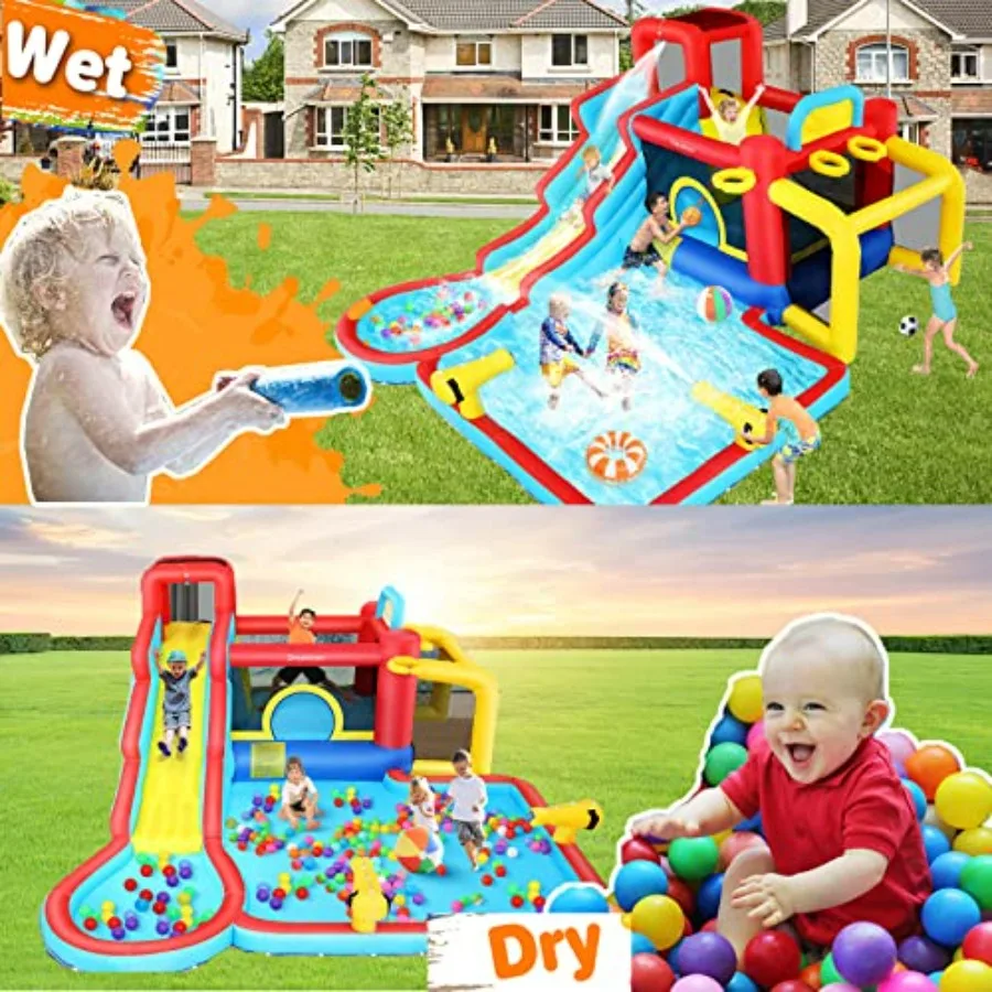 Inflatable Water Slide for backyard use, PVC material, blue and yellow, 12-in-1 design with long slide, basketball and soccer h