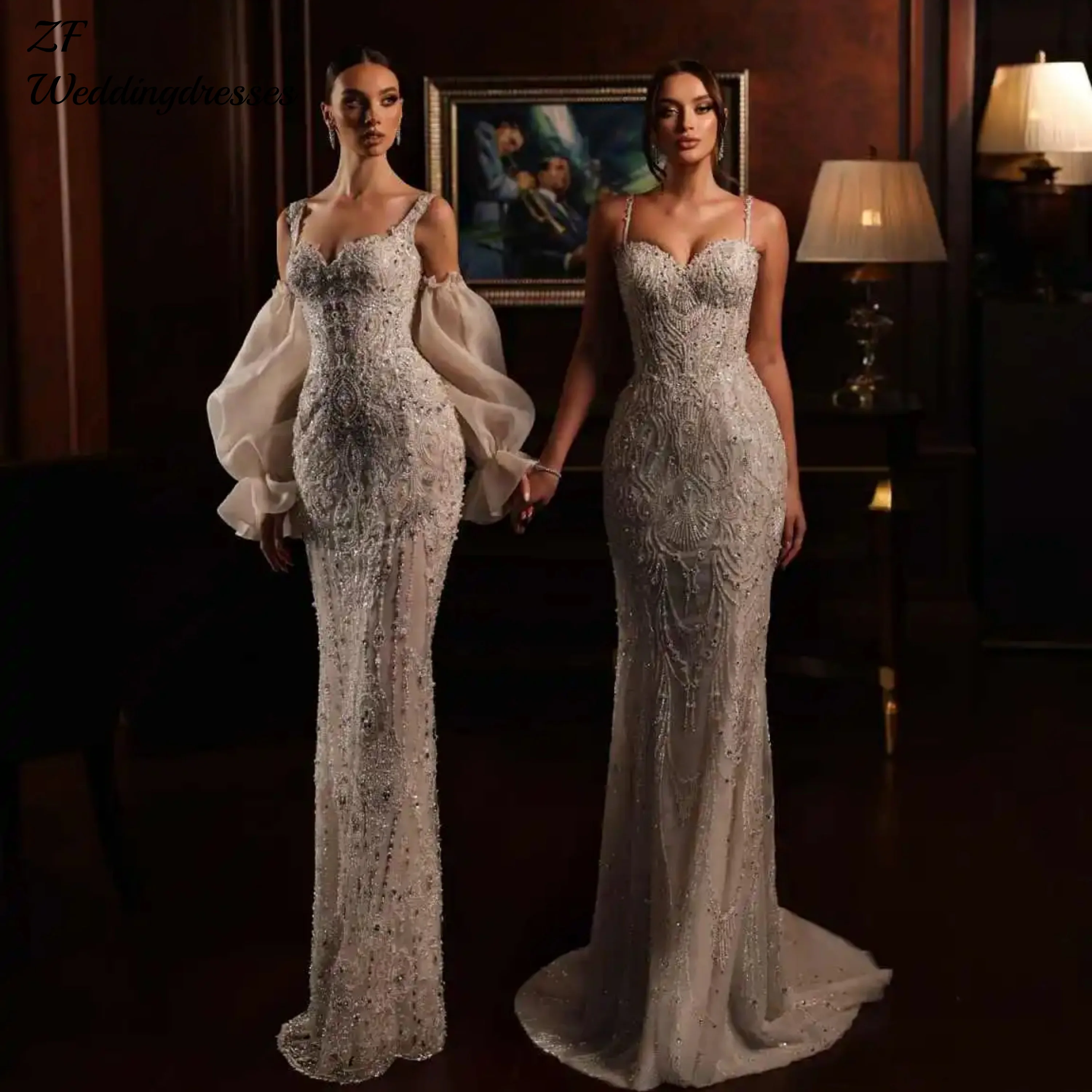 Robes De mariée personnalisées en perles exquises, avec traîne détachable, manches bouffantes, robe De mariée pour femmes