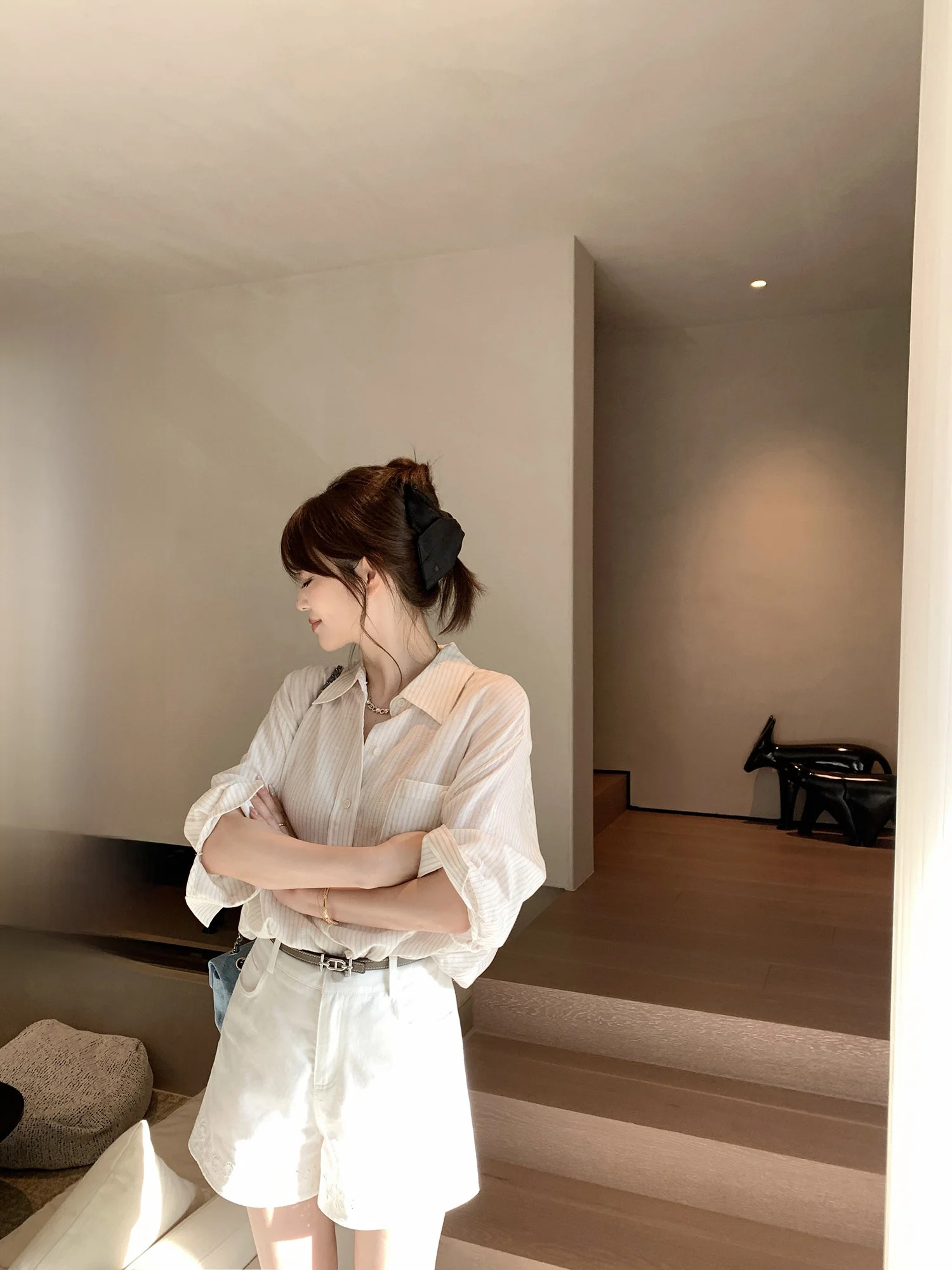 

Женская повседневная рубашка AHY из смесового льна и хлопка с эластичной талией, в полоску, свободного кроя, с воротником, длинным рукавом, для офиса