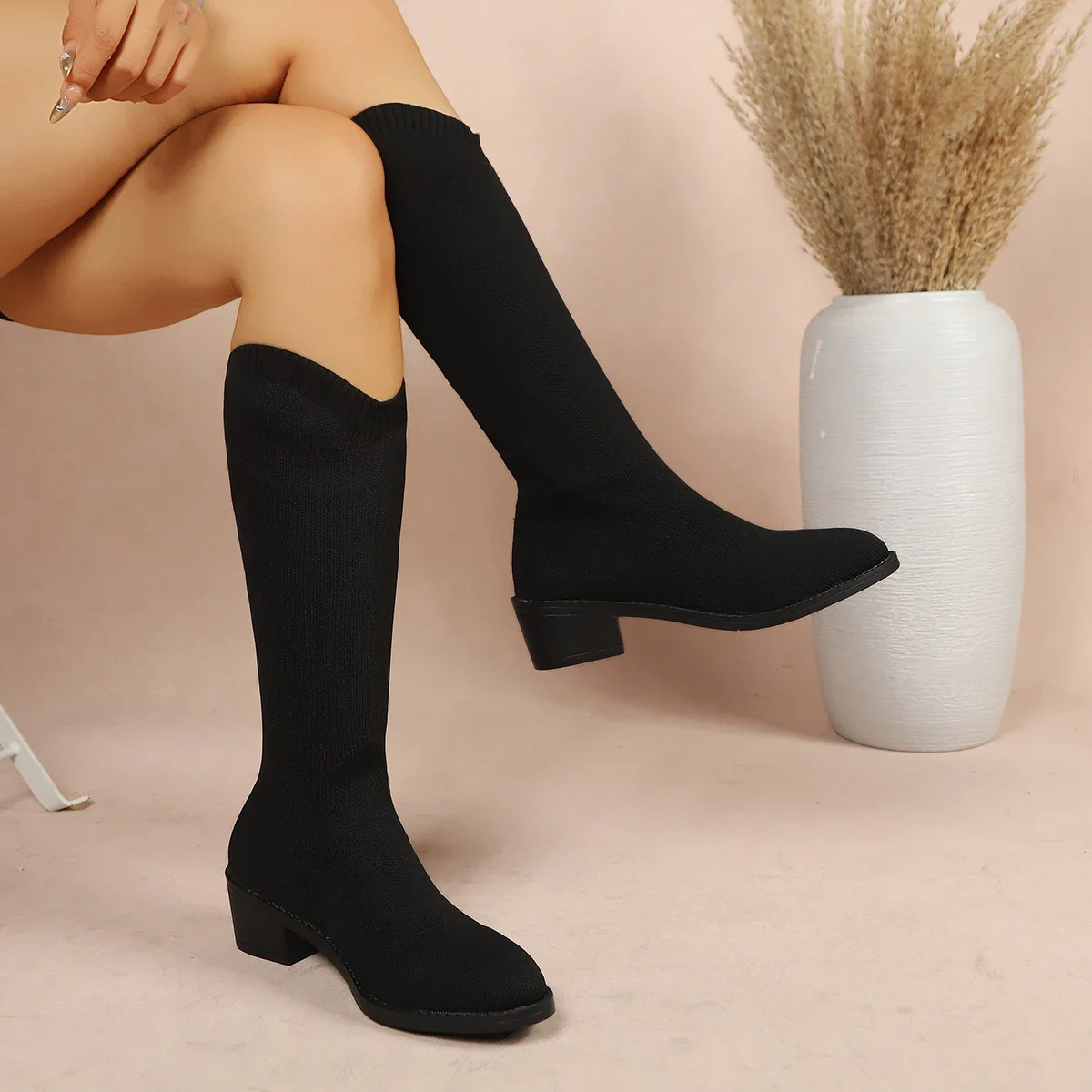 2026 Neue Winter-Stretch-Sockenstiefel, Kniehohe Stiefel für Damen, Dicke Sohle, Schlanke Form, Hoher Absatz, Große Größen, Runde Spitze, Damenstiefel – Detail 3