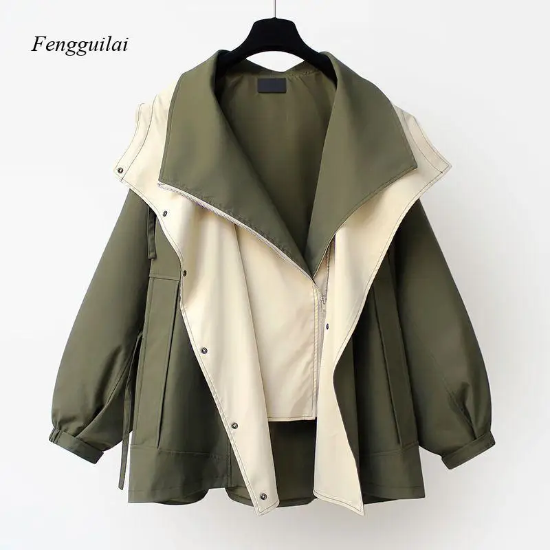 

Women's Two-Tone Trench Coat Contrast Color Block, Asymmetric Zipper, Drawstring Waist Modern Windbreaker for Fall & Winter