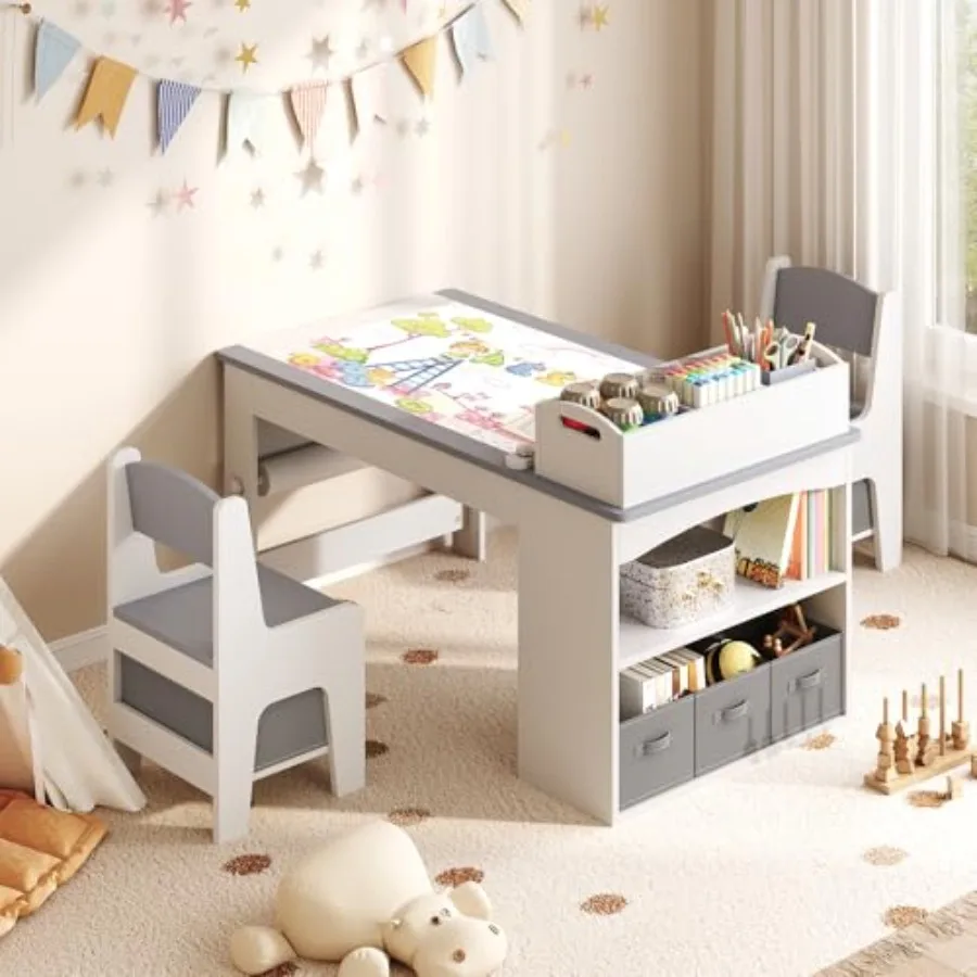 

Деревянный стол и стулья для детей: развивающий столик с откидной столешницей, 5 выдвижными ящиками и пресс-столиком для бумаги