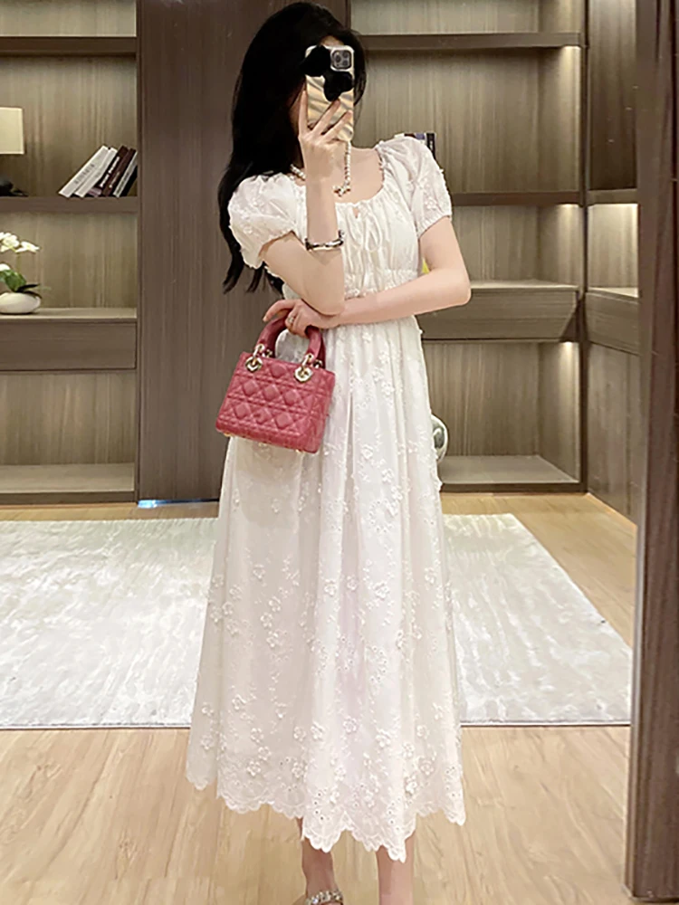 

Summer White Jacquard Puff Sleeve Bow Square Collar Long Dress Women Elegant Casual Holiday Dress 2025 Korean One Piece Dresses