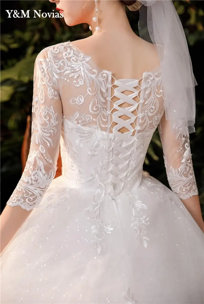 Y & M Novias-Robe de mariée longue en dentelle avec manches, robe de mariée brodée, robe de princesse, train royal, luxe, grande taille, nouveau