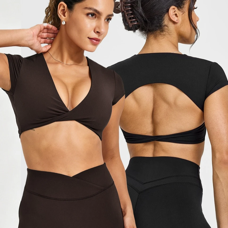 Women Short Sleeve Yoga Top Twist Front V Neck Cut Out Back Sports Bra Padded Workout Gym Crop Top Pilates Fitness Activewear