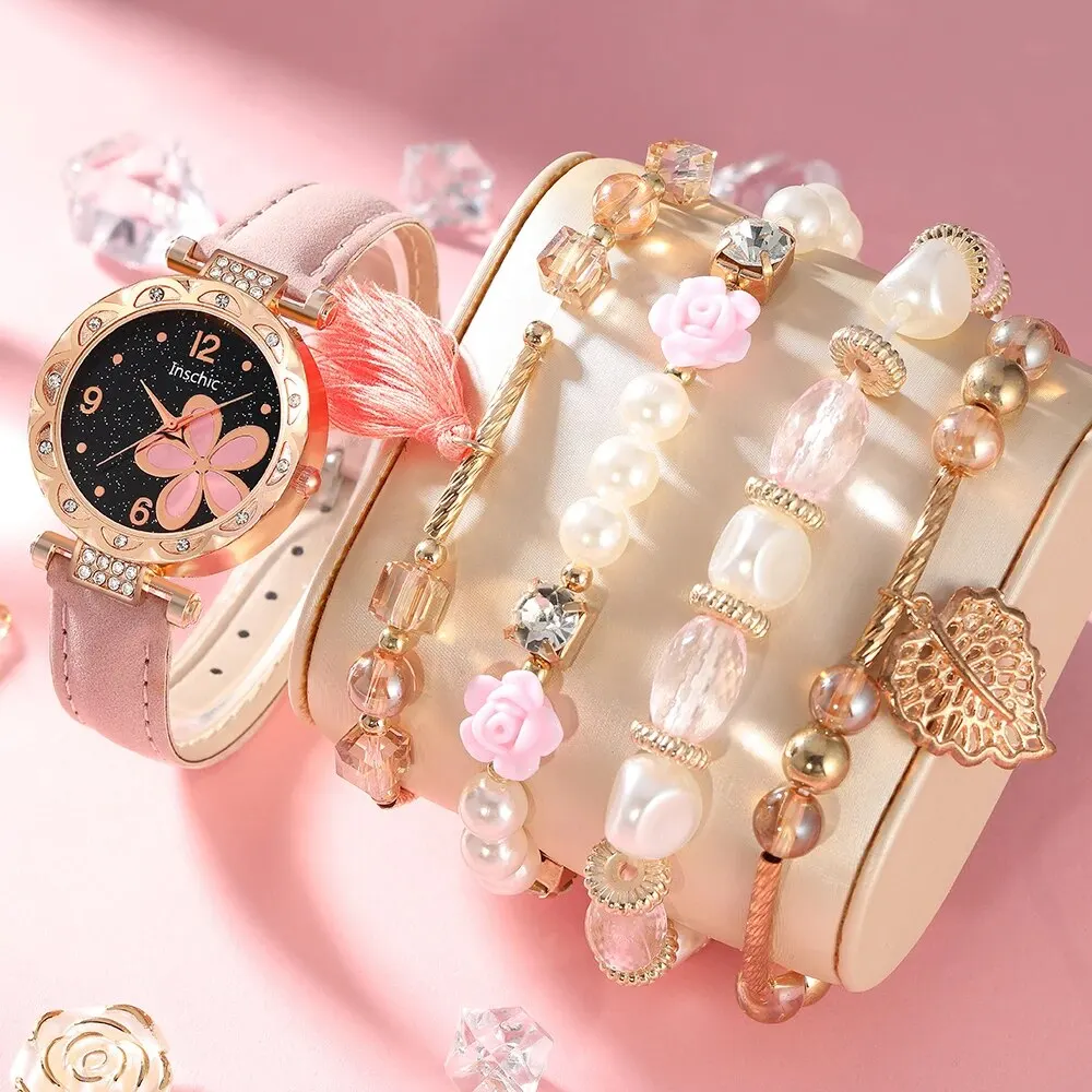 5pcs Women\'s Watch Set Casual Fashion Pink Quartz Watch Fashion Bracelet Watch Set