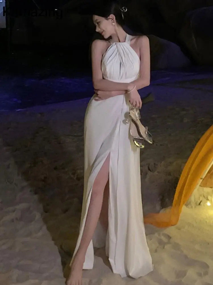 Elegant Sexy Backless Solid Long Dresses EveningBirthday Party Halter Designer White Dress Summer Women Fashion Wedding Vestidos