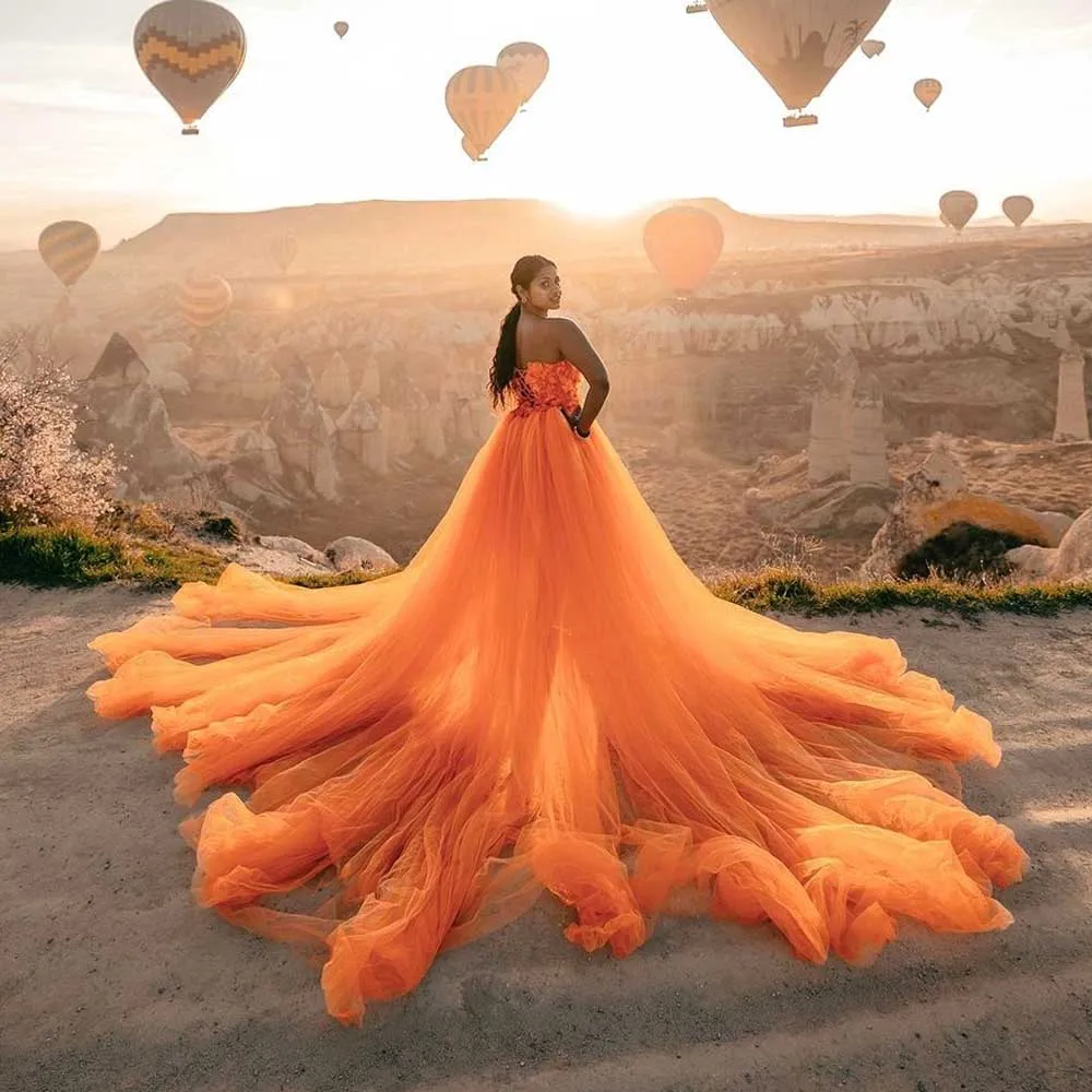 Charming Orange Tulle Bridal Photoshoot Dress Long Train Soft Tulle Beach Wedding Gown Bridal Dress Photography Flowing Dress