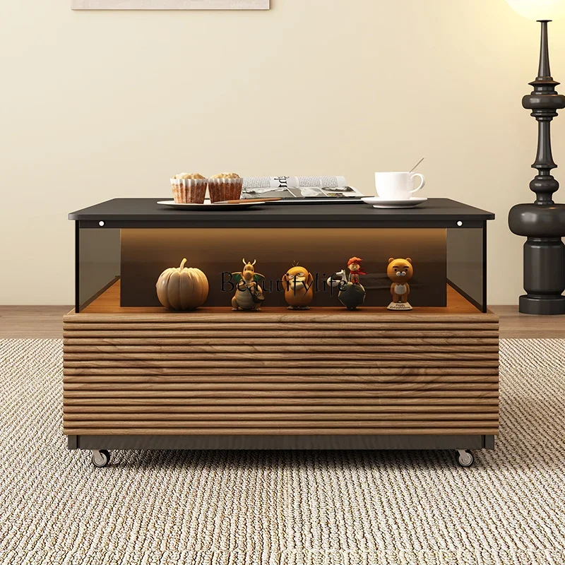 

ld14Minimalist Stone Plate Square Mobile Coffee Table Small Apartment Living Room Solid Wood Coffee Table TV Cabinet Combination