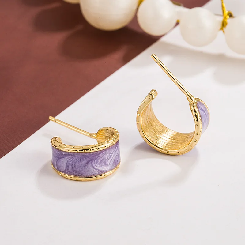 Fashion C Shape Drop Earrings for Women Golden Color Metal Purple Enamel Oil Semicircle Dangle Earrings Geometry Simple Jewelry