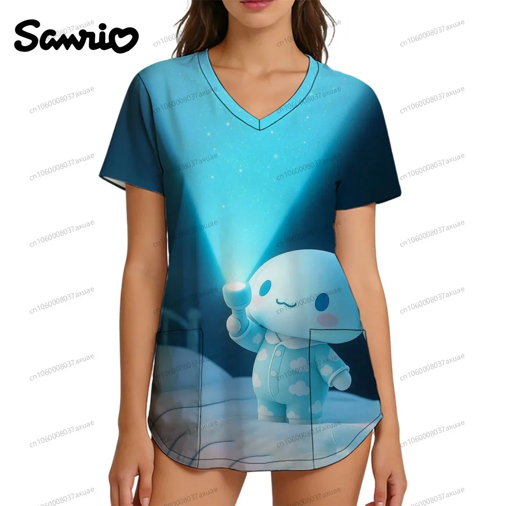 

Summer Women's Clothing New 2026 Clinical Uniform Woman Sanrio Anime Scene Clothes Nurse Uniform V Neck T Shirt Cinnamoroll Y2k