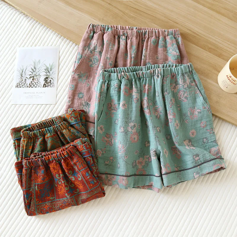 2024 Japanese Summer New Women\'s Shorts and Sleepwear 100% Cotton Women\'s Vintage Printing Thin Loose Home Pants