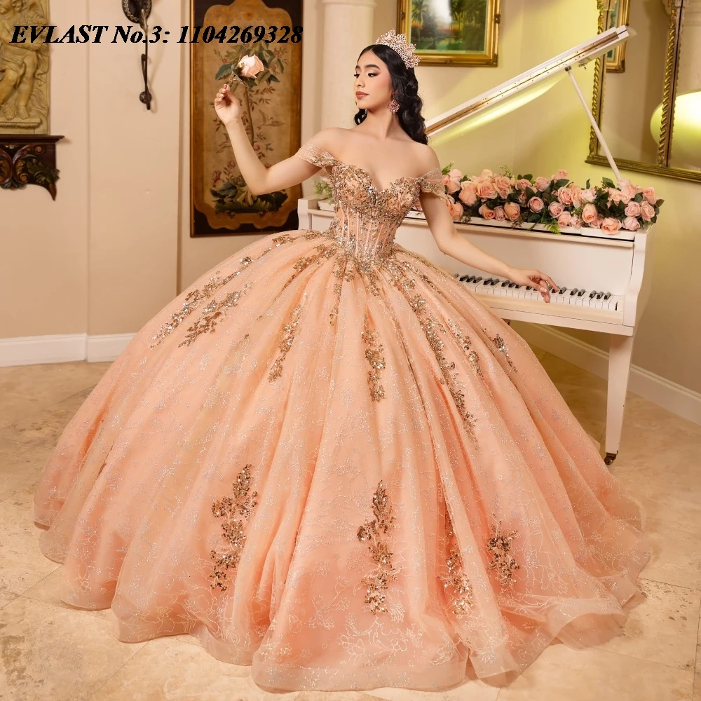 EVLAST Customized Mexican Blush Quinceanera Dress Ball Gown Shiny Lace Applique Beaded Tiered Sweet 16 Vestido De 15 Anos E3Q253