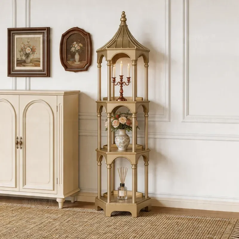 Champagne Pagoda Shaped Three Tier Shelf Decorative Display Rack Carved Art Storage Stand