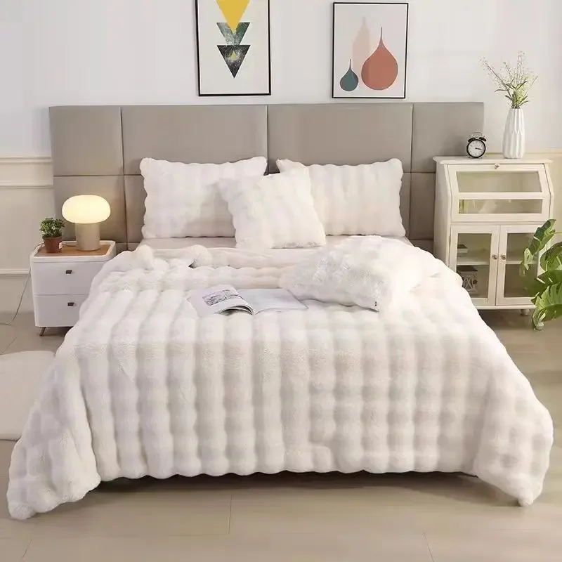 Bubble Faux Rabbit Fur Thicken Warm Throw Blanket Autumn Winter Office Nap Sofa Blanket Solid Color Soft Fluffy Plush Blankets
