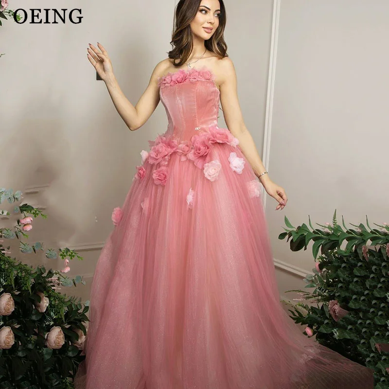 

OEING Princess Pink A-Line Prom Dresses Strapless Appliques Party Gowns Flowers Floor-Length Soft Tulle Velour Dress Customized