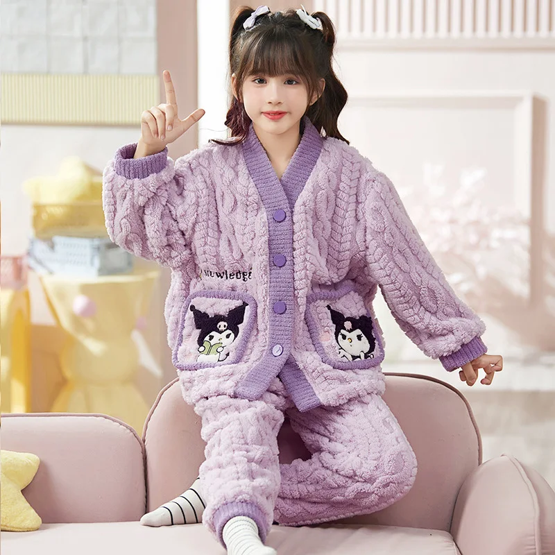 Autumn Winter Children Plush Pajamas Cardigan Anime Sanrioed Cinnamoroll Kuromi Cute Cartoon Girl Casual Warm Homewear Nightwear