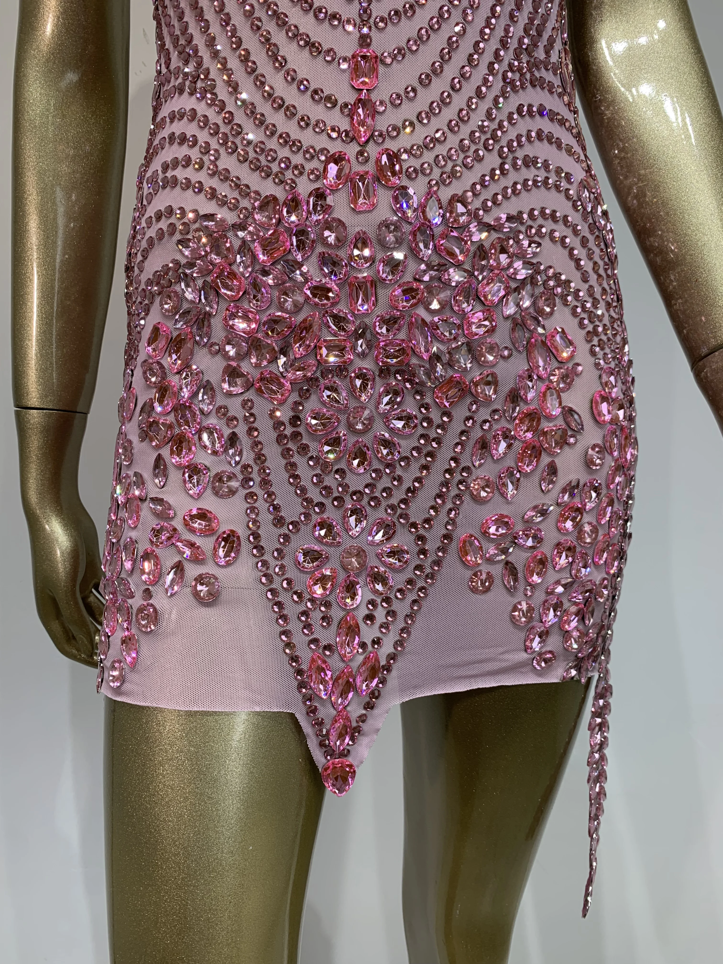 Women Sexy Backless Pink Rhinestone Mini Dress Evening Party Prom Celebrate Birthday Dresses Club Stage Performance Costume