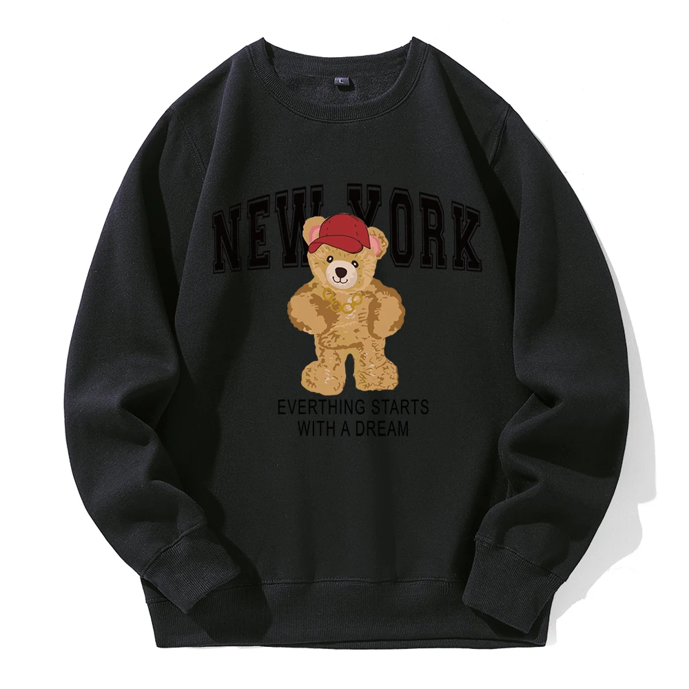 New York Everthing Starts With Dream Teddy Bear Men Hooded Casual Fashion Clothes Loose Oversized Sweatshirt Classic Retro Hoody