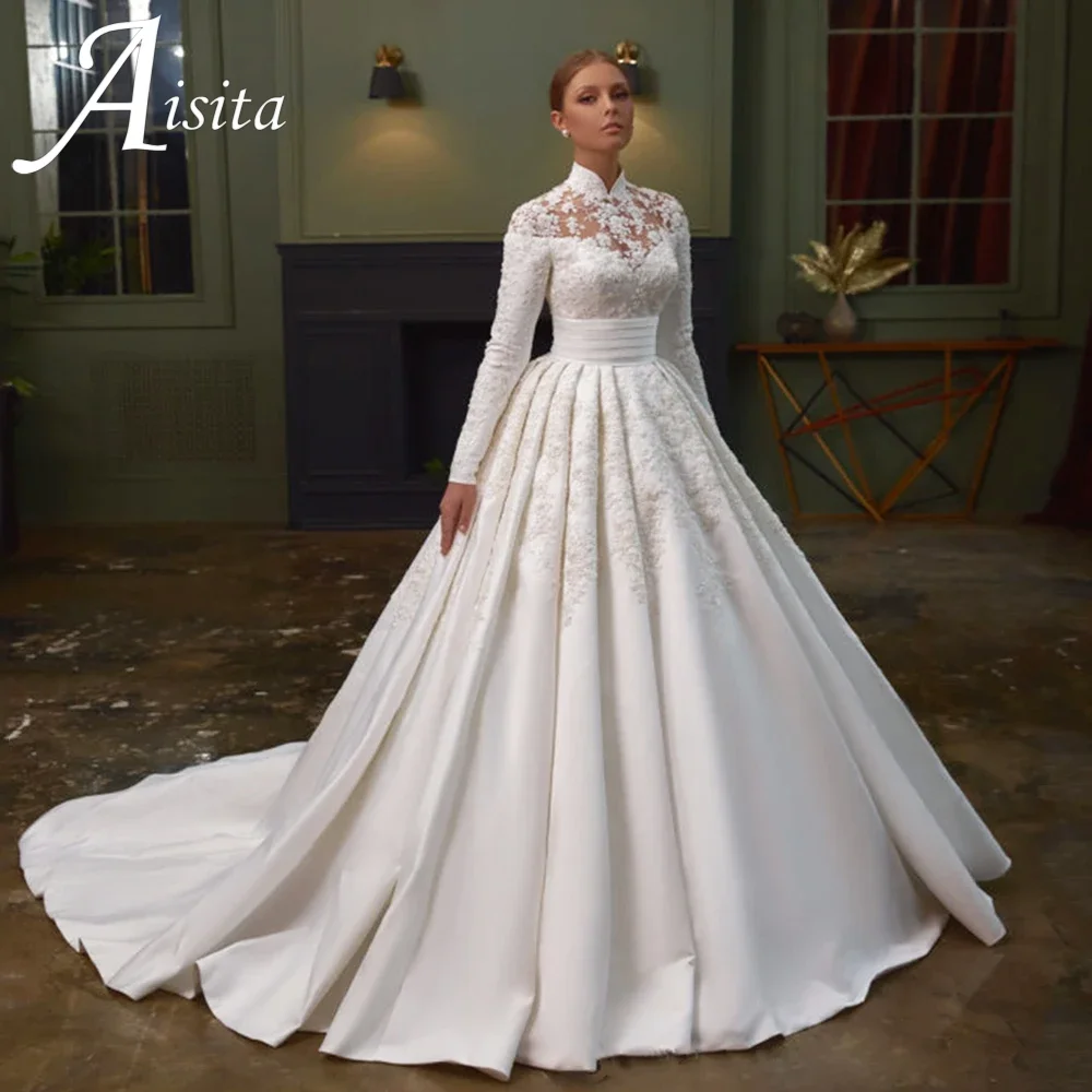 

High Neck Muslim Wedding Dresses Customized Applique Long Sleeves Back Button Court Train Satin Bridal Gown Robe De Mariee