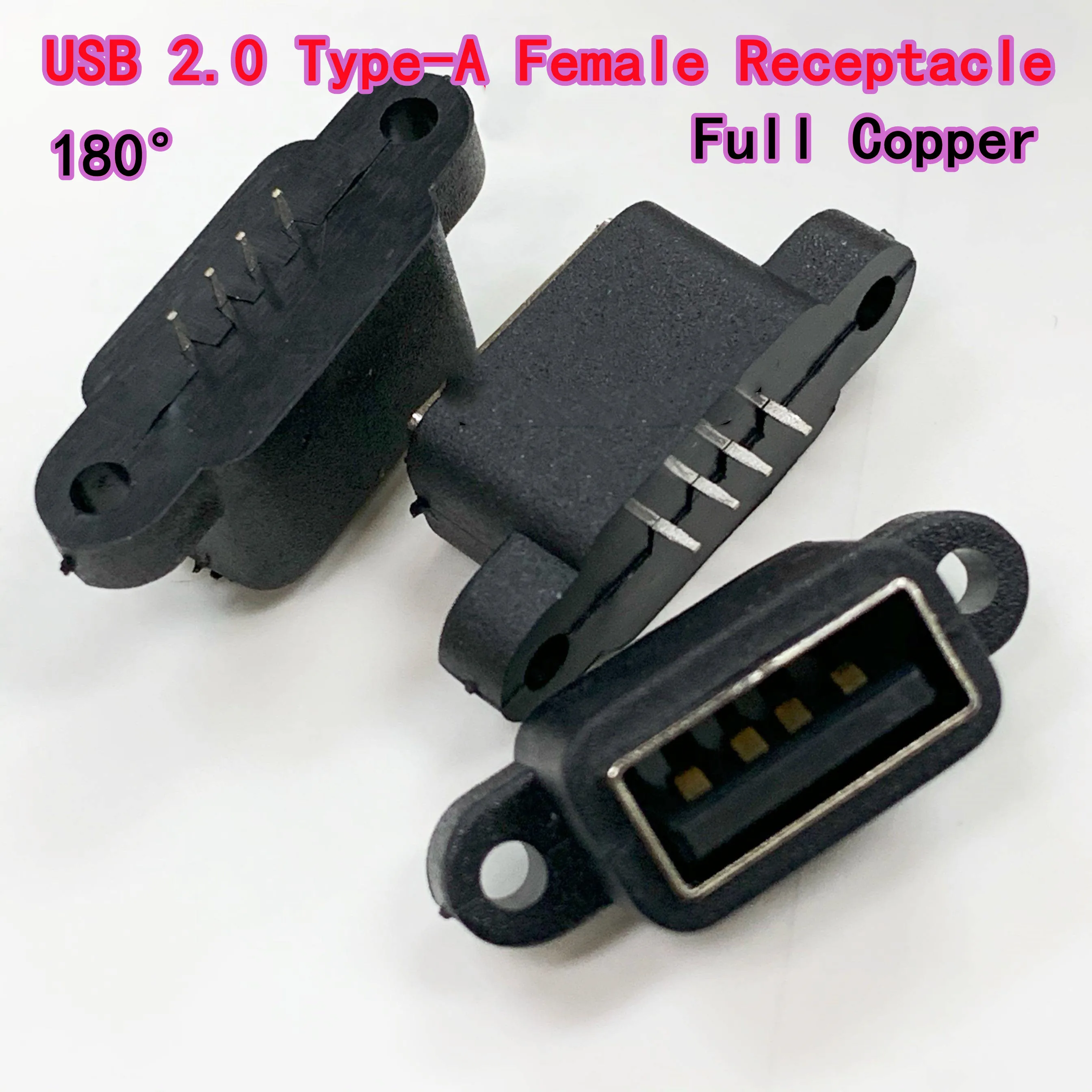 

50 шт. водонепроницаемых разъемов USB 2.0 Type-A (женские), 180 ° Крепление для печатных плат с фланцем, сквозное, черное, полностью медное