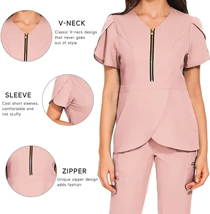 Niaahinn Conjunto de exfoliante elástico con cuello en V y pantalones para correr, uniforme médico para enfermera, ropa de trabajo para mujer