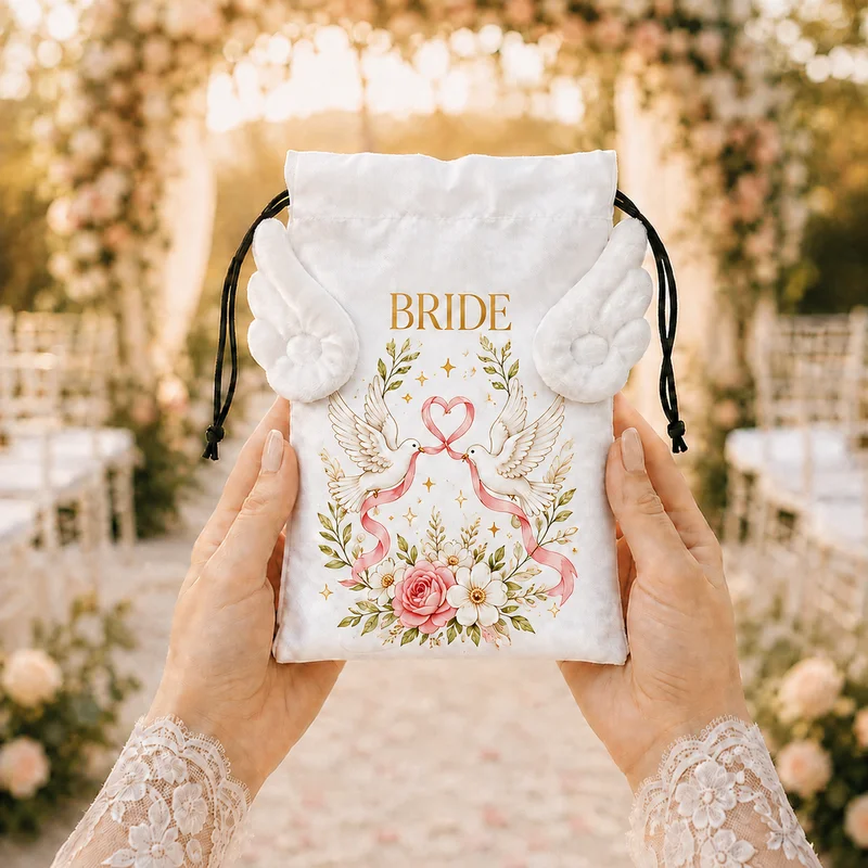 Personalized Angel Wing Wedding Drawstring Bag Custom Name Date Print Bridal Theme Pattern Wedding Favor Gift Pouch Storage Sack