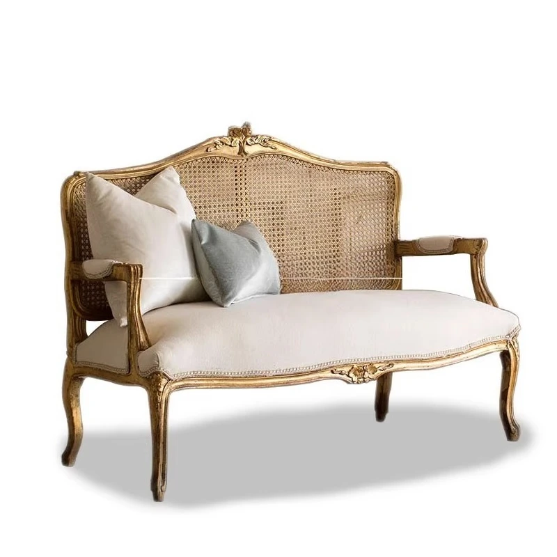 

American gold old solid wood sofa French engraved retro single and double three-person rattan back sofa chair photography furnit