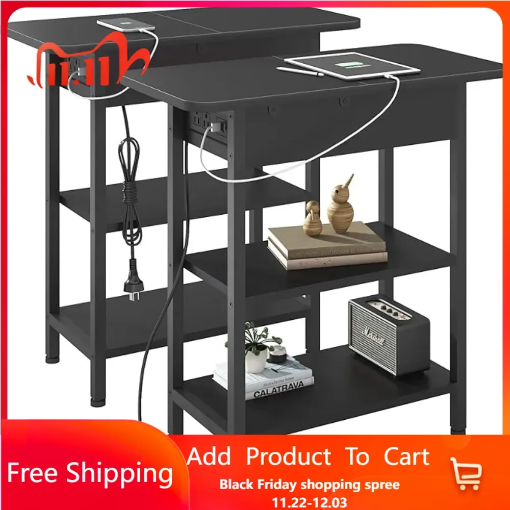 End Table with Charging Station, Set of 2 Flip Top Narrow Side Table for Small Spaces, Nightstands Set of 2 for Bedroom