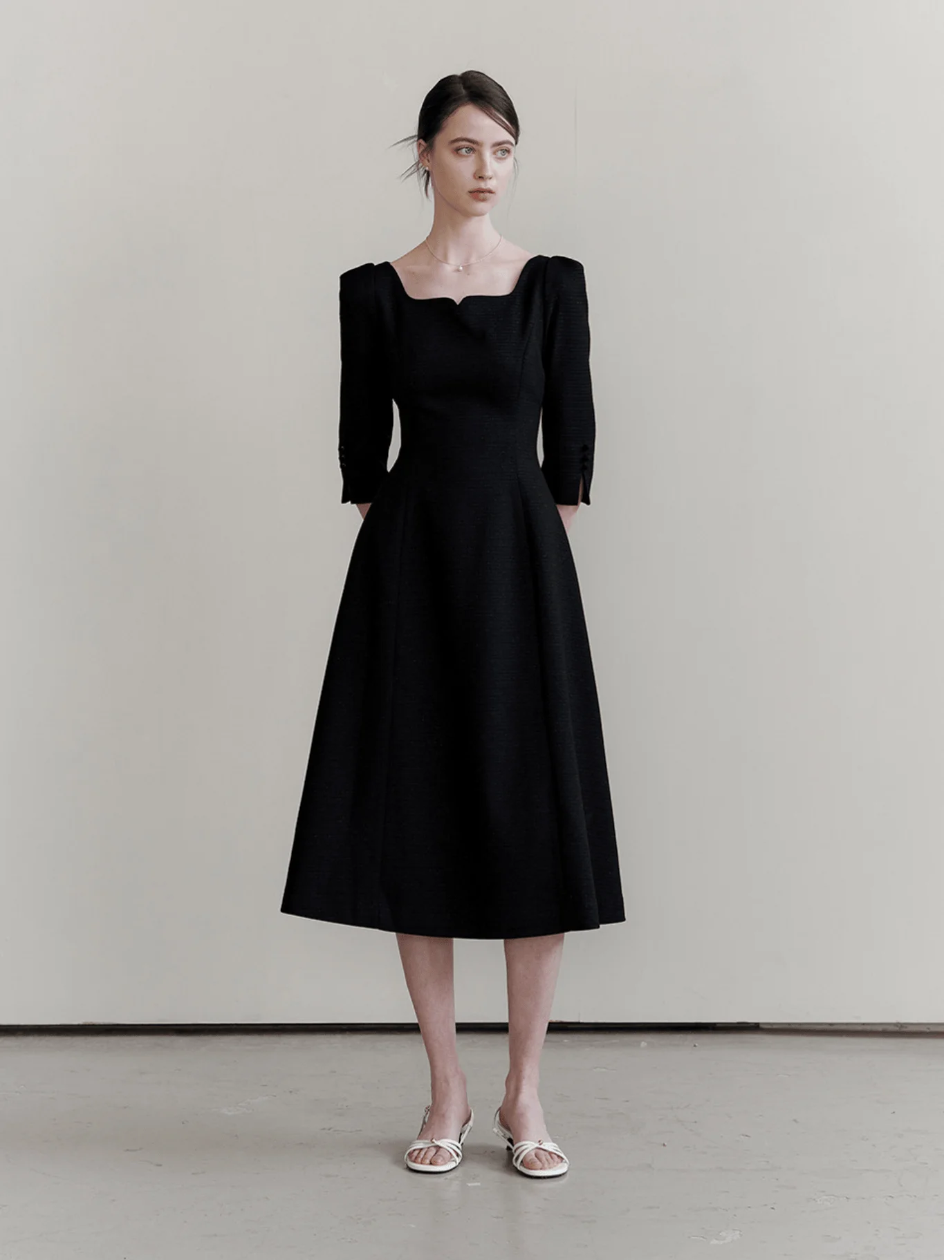 فستان أنيق بتصميم خط A مع ياقة مربعة وأكمام نصفية وتصميم خصر نحيف وطول طويل عصري، إصدار جديد للخريف للسيدات