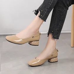 2024 Spring Summer New Designer Med Heels Shoes Women Large Size Pumps Brand Genuine Leather Office Lady Fashion Party Shoes