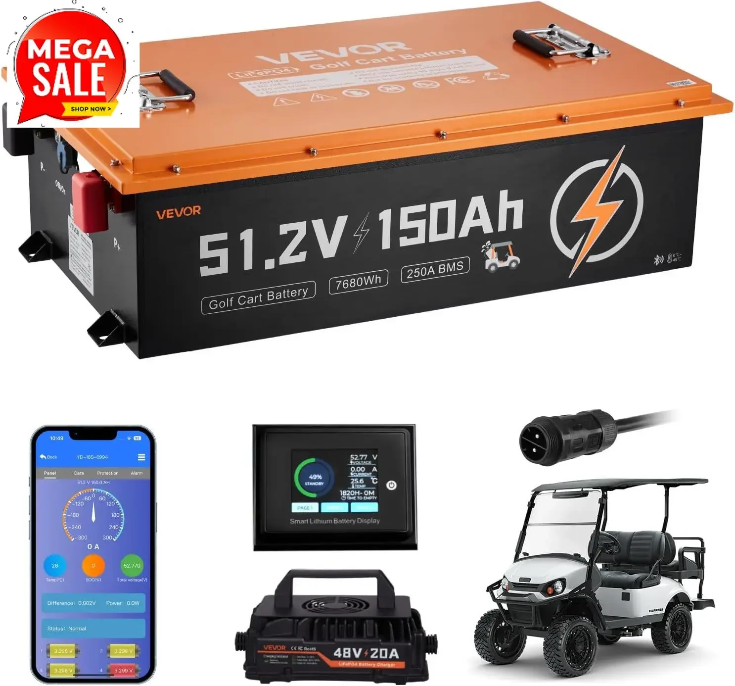 48V (51.2V) 150AH Lithium Golf Cart Battery, with 20A Charger, Lifepo4 Battery Kit, Built-in 250A BMS, with Bluetooth & Touch