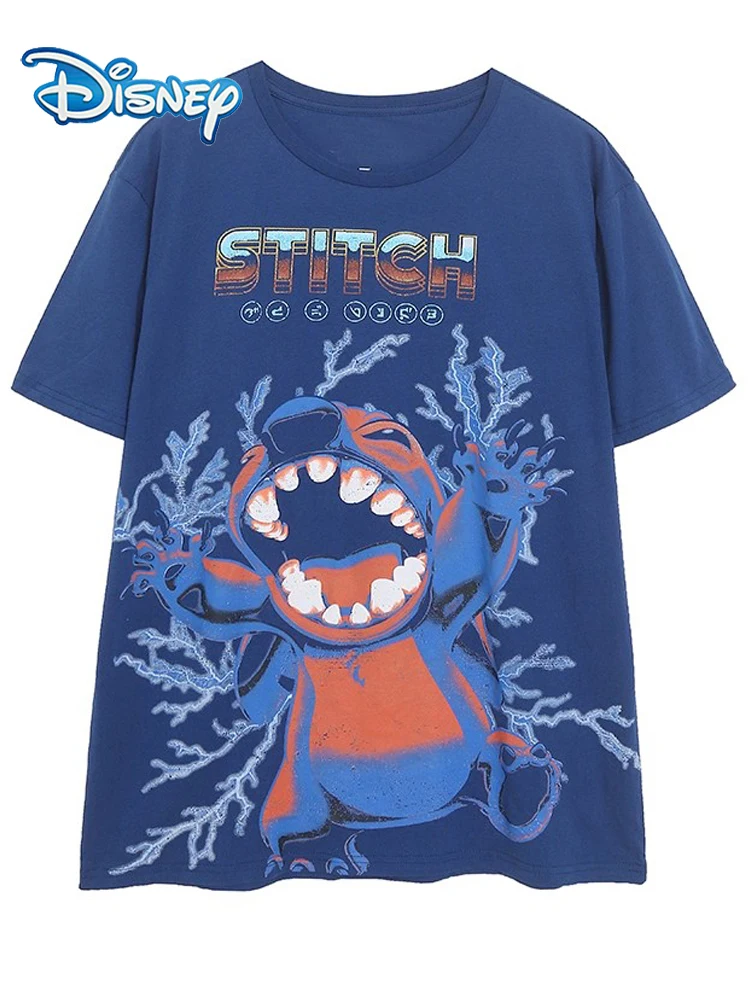 

Футболка с мультяшным принтом Disney Stitch Little Monster Letter Harajuku, женская футболка с короткими рукавами, пуловер с круглым вырезом, топы, женская уличная одежда