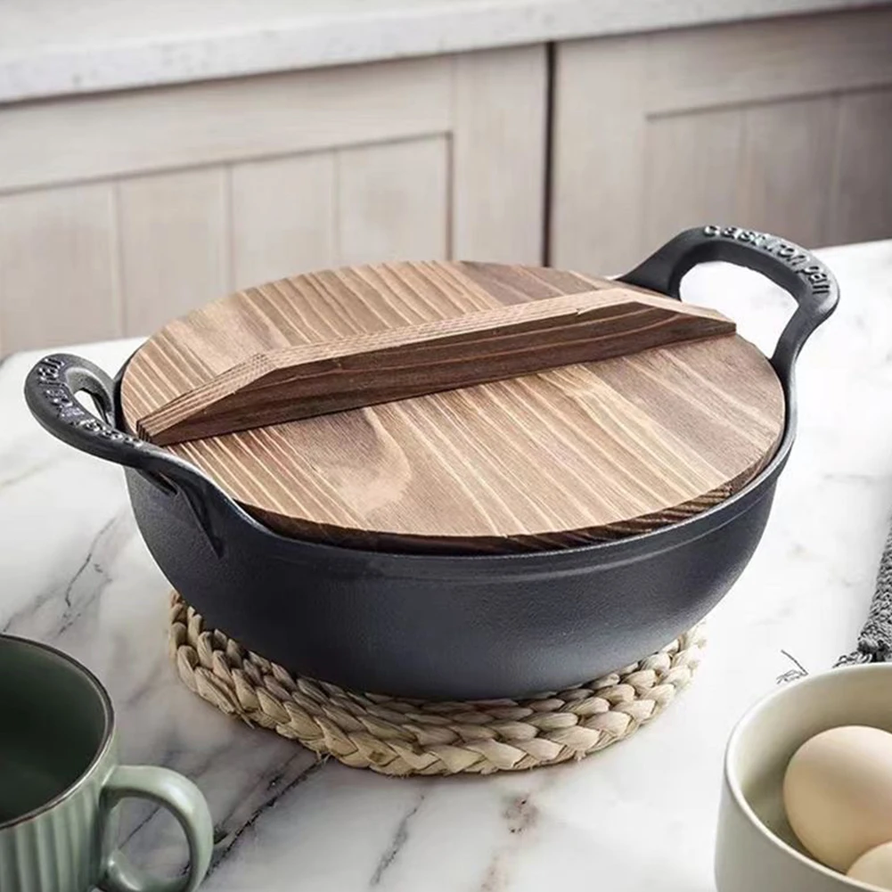 

Chinese Wok Pan with Lid & Dual Handle Flat Bottom Stir Fry Pan Multi-Function Heavy Dutch Soup Pot Home Kitchen Accessory