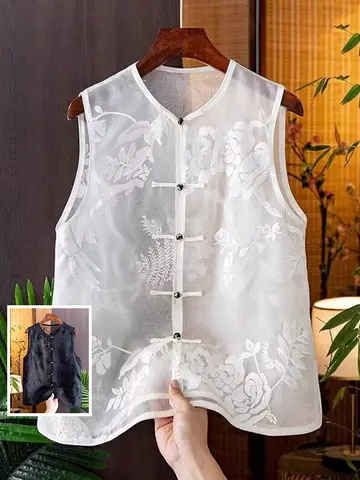사선 버튼 조끼 상의 25-35세 중국산 2024년 여름 폴리에스터 71%~80% 신중국식 실크 오겐 샤이트 레이어드 무소매 조끼 상의 조끼