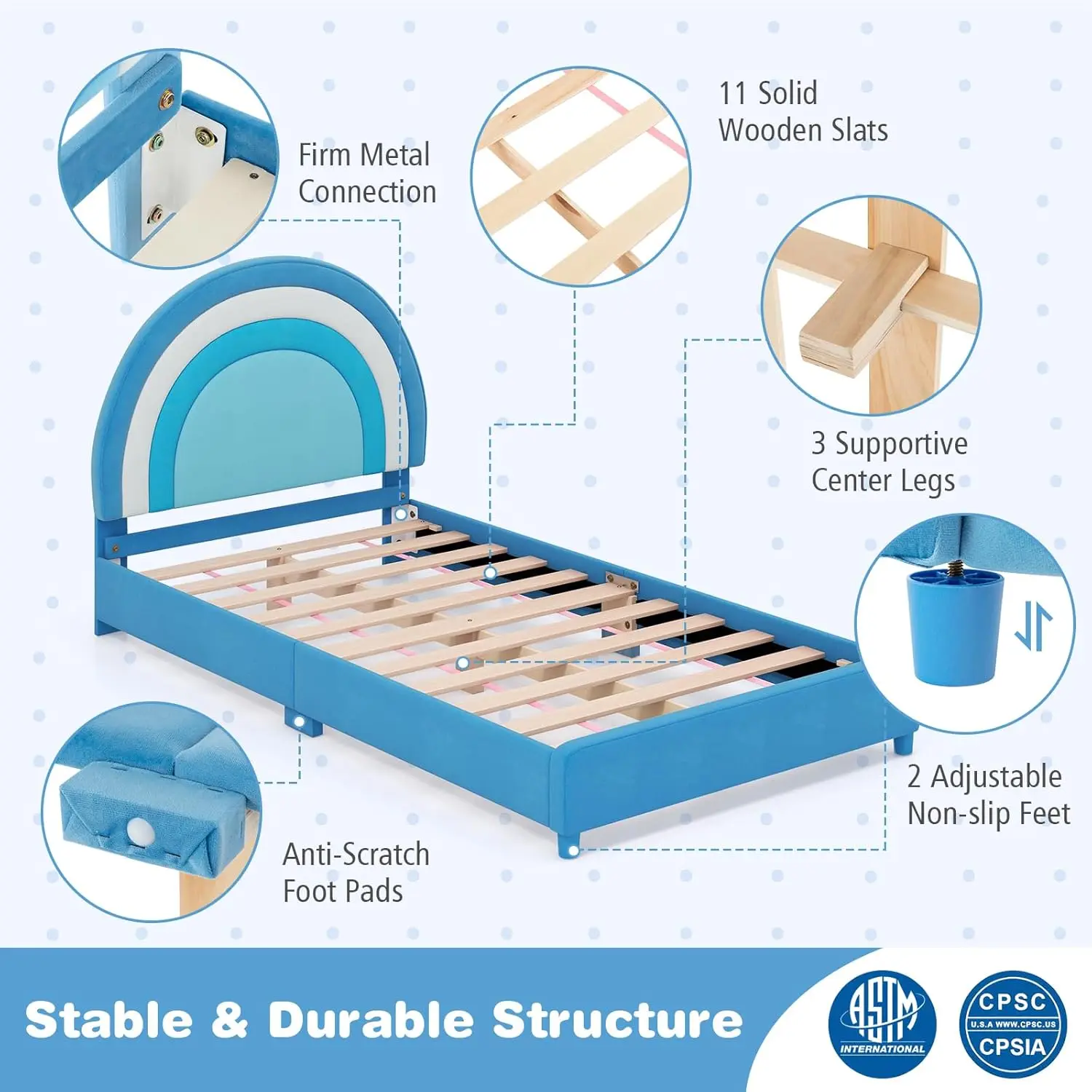 Twin Bed Frames Voor Kinderen, Gestoffeerd Houten Kids Bed Met Verstelbaar Hoofdeinde, Lamellen Ondersteuning, 660 Lbs Gewicht Dop, Geen Boxspring N