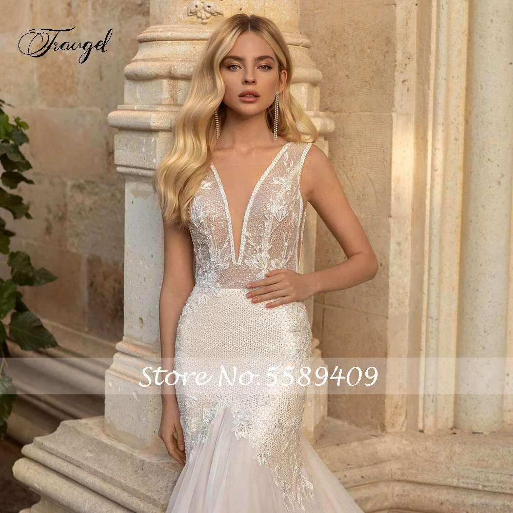 Traugel Sexy Backless V Neck koronkowe suknie ślubne syrenka wykwintne aplikacja zroszony Sweep pociąg trąbka suknia ślubna