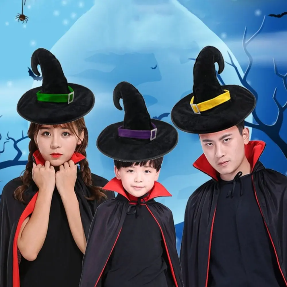 Cool Velvet Halloween Witch Wizard Hat Bending Angle Satin Ribbon Halloween Hat Gilding Costume Props Devil Cap Children