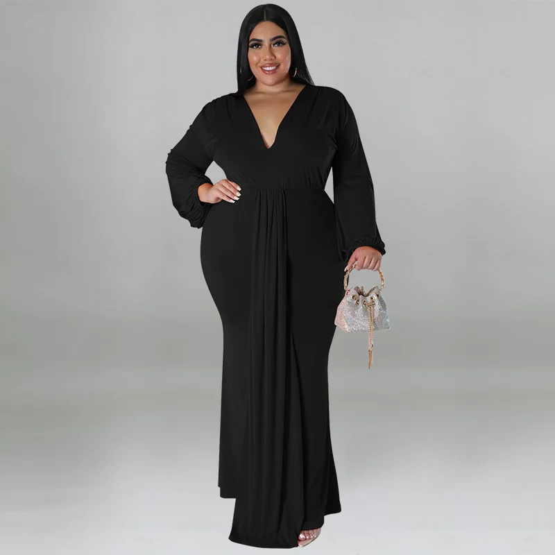 Plus Size Bodycon Elegant Dress Female V Neck Pleated Clothing Luxury Dinner Evening Long Robe 2024 Spring Women Party Dress