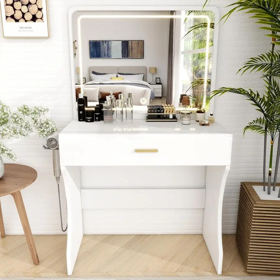 

Desk, Makeup Vanity with LED Light Mirror, Small White Vanity with a Super Large Drawer and Power Outlet, 3 Color Lighting Modes