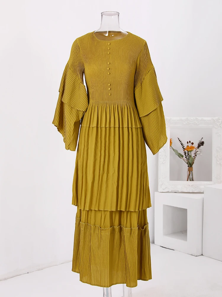 LANMREM-Robe longue plissée à manches évasées pour femme, tenue de soirée élégante, couleur unie, nouvelle collection printemps 2024, 32C737