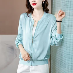 2023 Fashion Summer Solid Silk Jacket Women Bomber Long Sleeve Thin Casual Woman Sunscreen Jacket Female High Quality Outwear