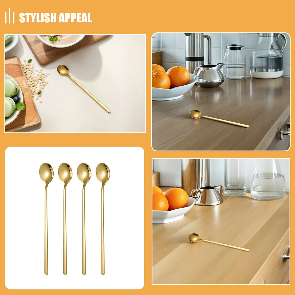 4pcs Stainless Steel Gold Dessert Spoons with Long Handle for Coffee, Espresso, Tea & Hot Chocolate Stirring