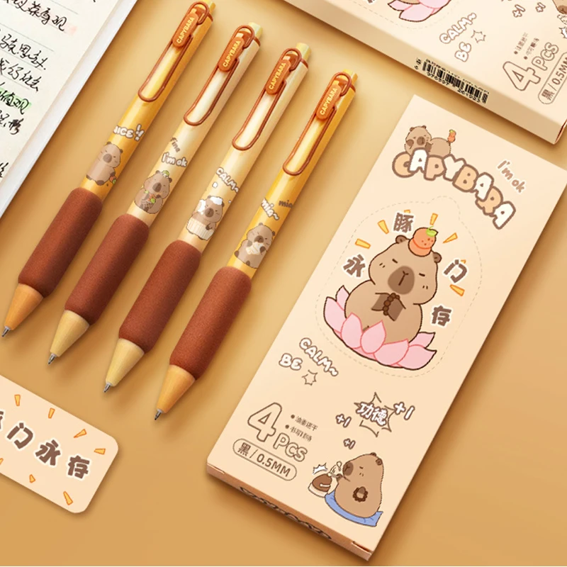 4Pcs/Set Capybara Cartoon Soft Touch Gel Pens Silicone Grip Durable Writing 0.5mm Ballpoint Black Color Ink Office School gift